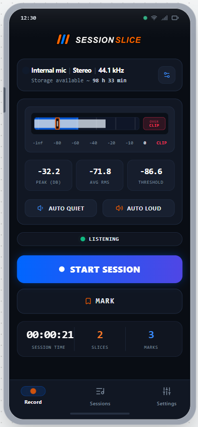 SessionSlice Record screen showing microphone levels and recording controls